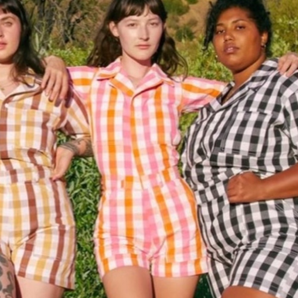 Big Bud Press Gingham Cotton Zip Front Romper Pink Orange Playsuit Women’s Small